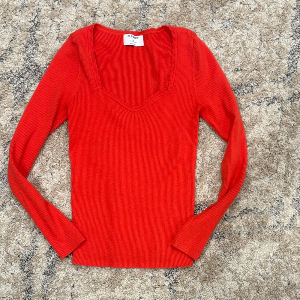 Old Navy Bright Red V-Neck Ribbed Long Sleeve Top
